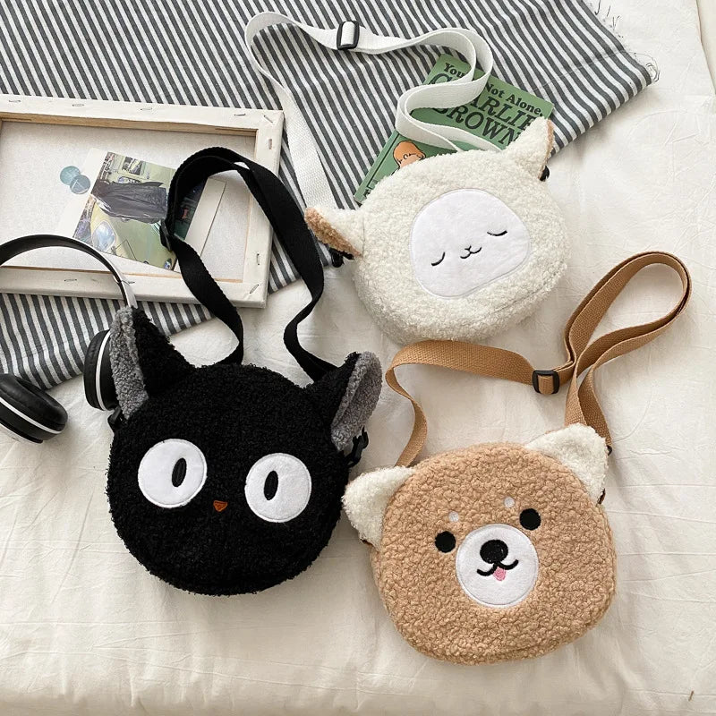 Adorable Animal Plush Crossbody Bag for Women with Adjustable Strap and Cartoon Face Design