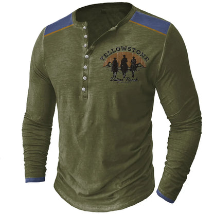 Men's Long Sleeve Button-Up Henley Shirt with Tribal Print and Yellowstone Dutton Ranch Logo