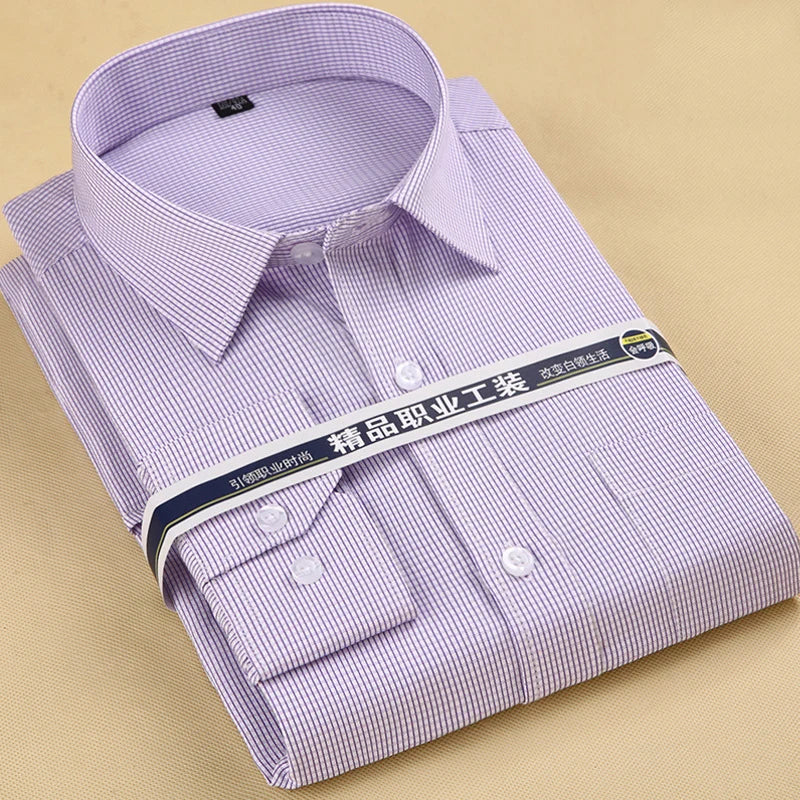 Men's Striped Dress Shirt with Long Sleeves, Button-Down Front, and Classic Collar for Formal and Business Wear