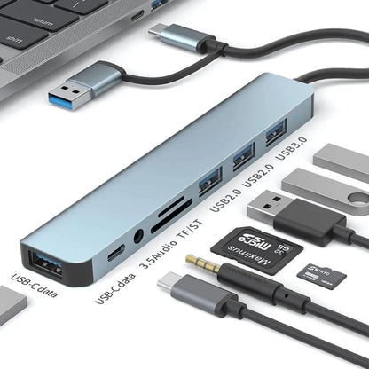 7-in-1 USB-C Hub with Multiple Ports Including USB 3.0, USB 2.0, TF/SD Card Reader, and 3.5mm Audio Jack, Compatible with Laptops, Tablets, and Smartphones for Efficient Data Transfer and Connectivity