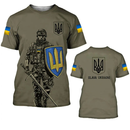 Men's Short Sleeve T-Shirt with Ukrainian Emblem and Flag Design, Featuring Military-Inspired Aesthetics and Patriotic Details