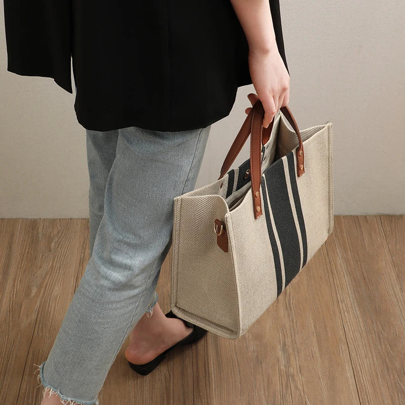 Striped Jute Tote Bag with Leather Handles and Brass Stud Accents for Women