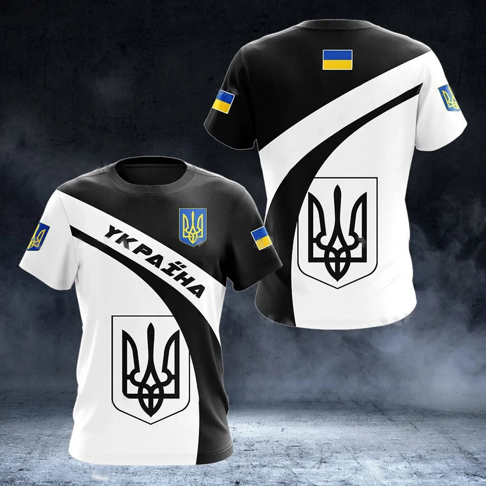 Men's Short Sleeve T-Shirt with Ukrainian Emblem and Flag Design, Featuring Military-Inspired Aesthetics and Patriotic Details