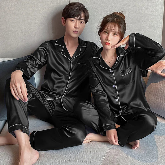 Couples Matching Satin Pajama Set with Contrast Piping and Button-Down Design for Luxurious Sleepwear