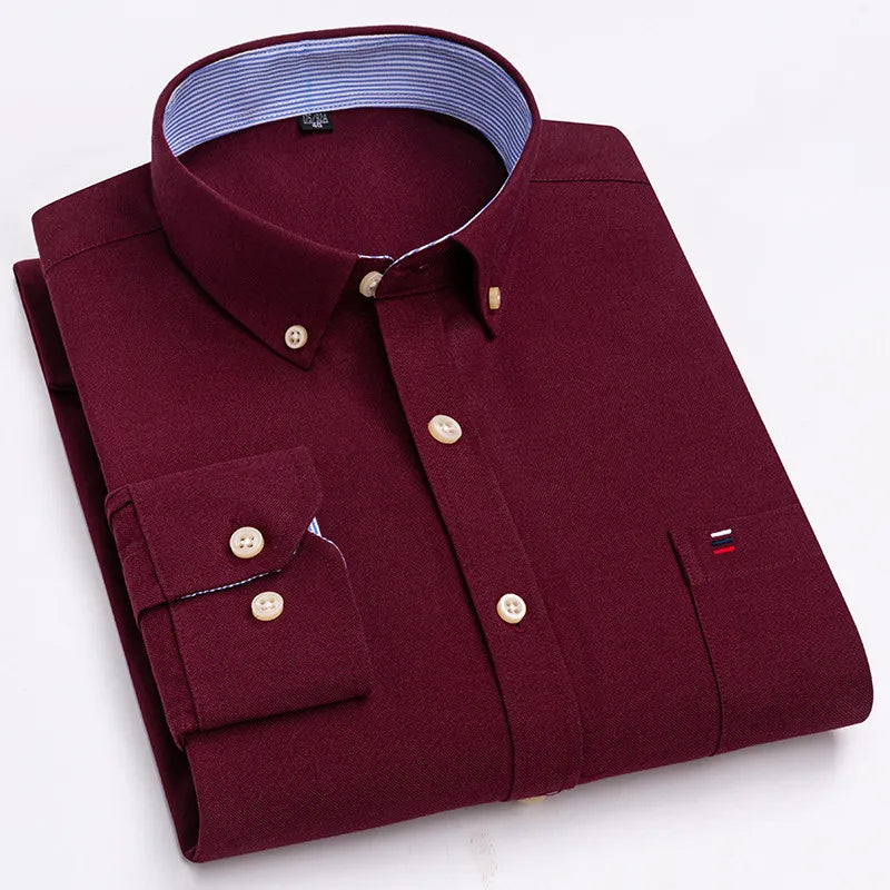 Premium Cotton Button-Down Oxford Shirt with Striped Collar Detail, Long Sleeves, and Classic Chest Pocket Design for Men.