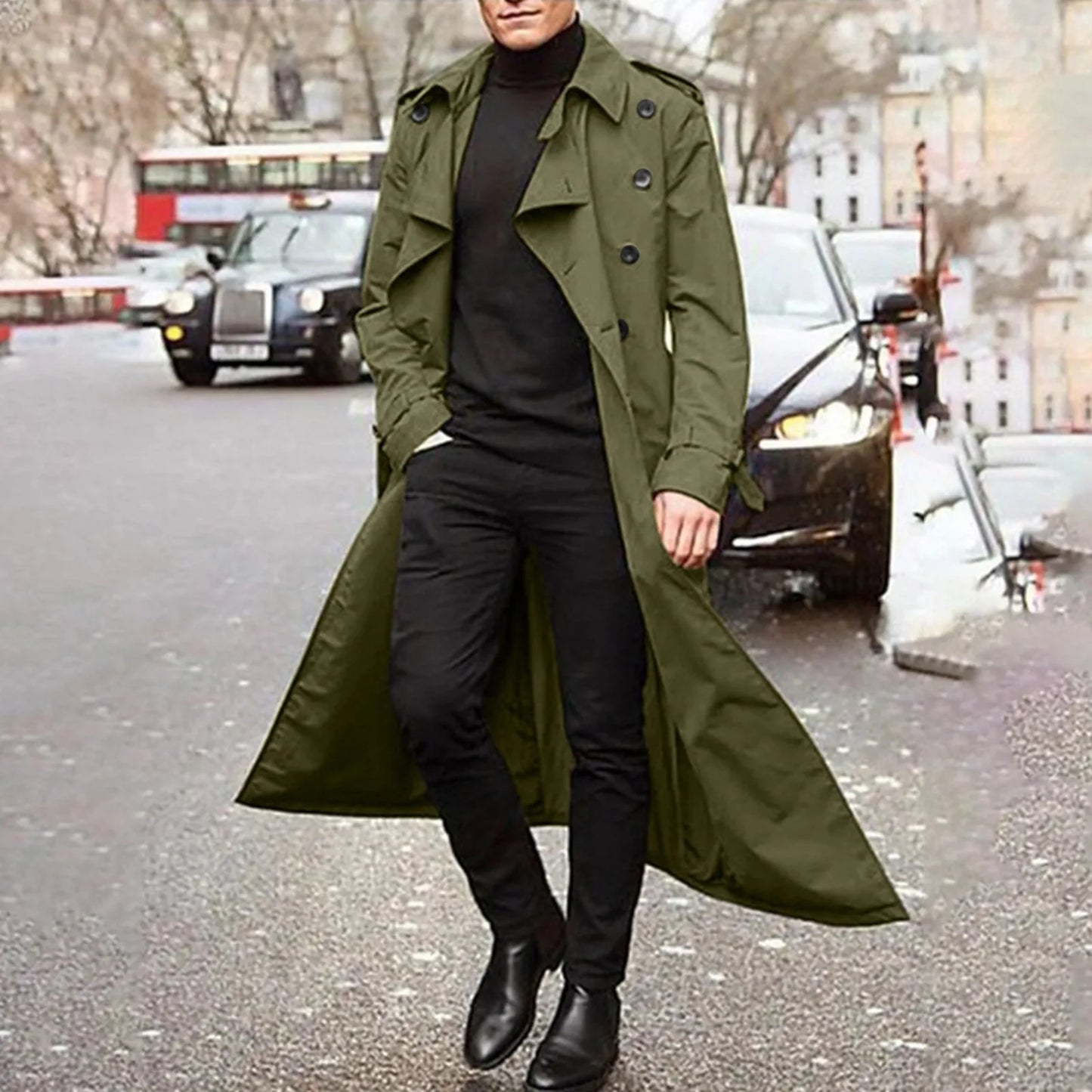 Men's Long Double-Breasted Trench Coat with Epaulets, Turn-Down Collar, and Belted Waist for a Classic and Sophisticated Look