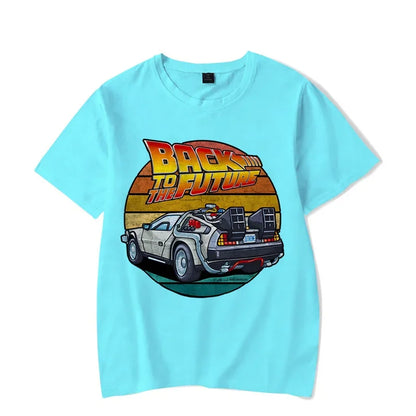 Men's Short Sleeve Retro Graphic T-Shirt Featuring Iconic Car Design and Nostalgic "Back to the Future" Theme