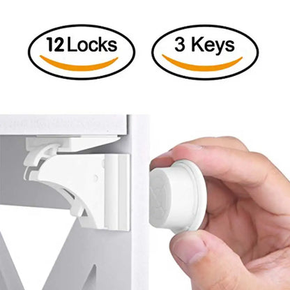 Magnetic Cabinet Locks with Keys - Child Safety Lock System for Drawers and Cabinets, Easy Installation, Secure and Invisible Design, 12 Locks and 3 Keys Set for Baby Proofing