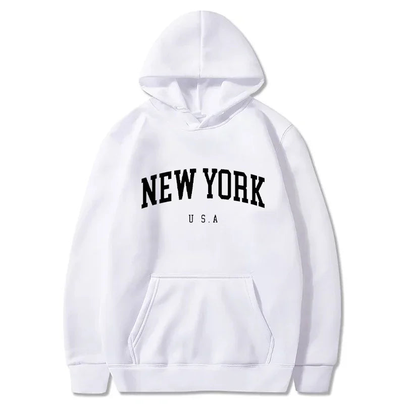 New York USA Graphic Hoodie with Kangaroo Pocket and Ribbed Cuffs for Urban Casual Style