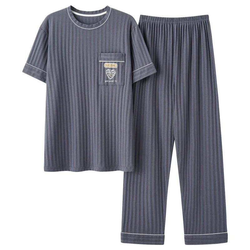 Men's Striped Short and Long Sleeve Pajama Set with Chest Pocket and Contrast Piping for Versatile Sleepwear Options