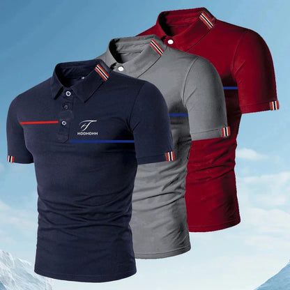 Men's Slim Fit Polo Shirt with Striped Collar and Cuffs, Button Placket, and Embroidered Logo Design