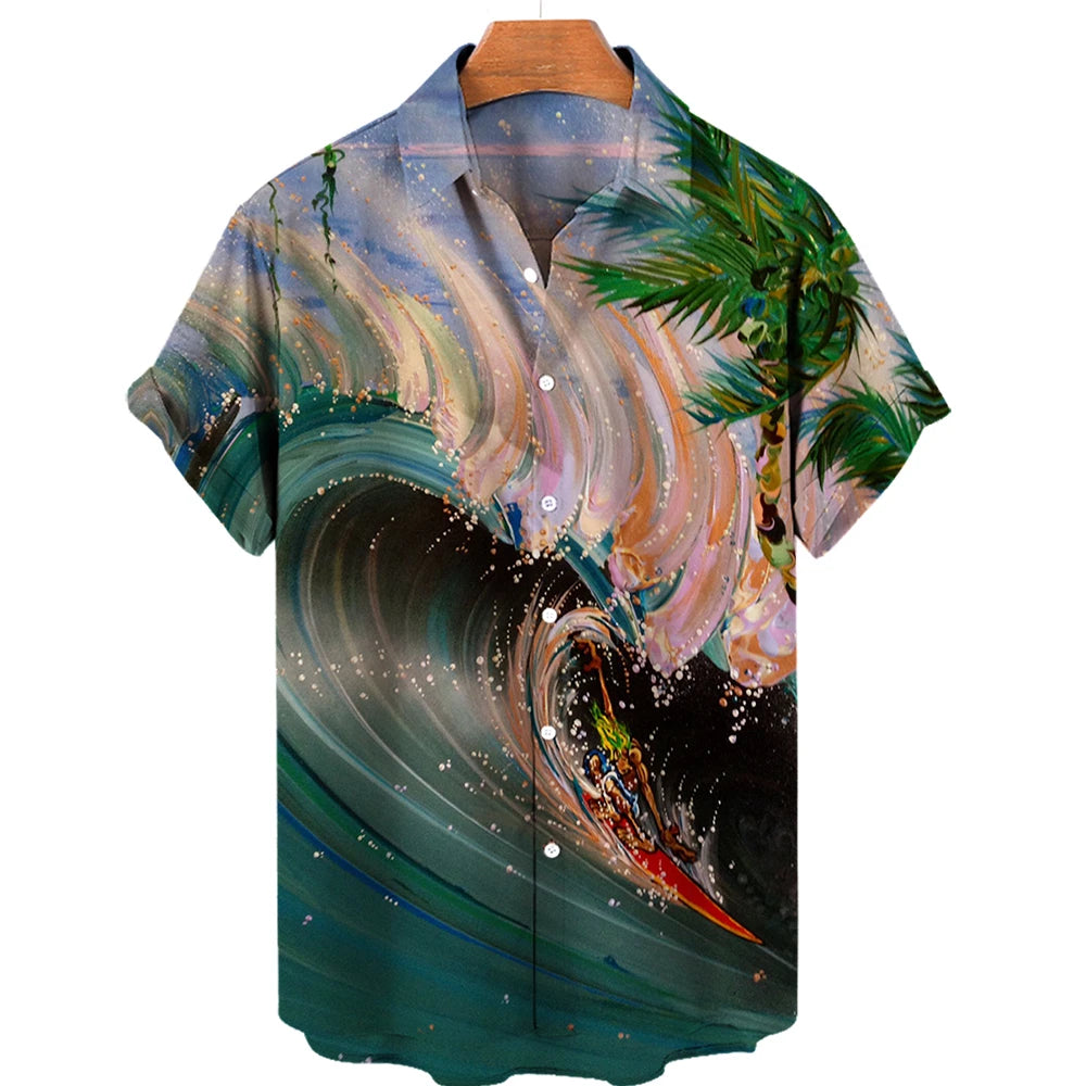 Vintage Surf and Palm Tree Print Short-Sleeve Hawaiian Shirt with Button-Up Closure and Turn-Down Collar