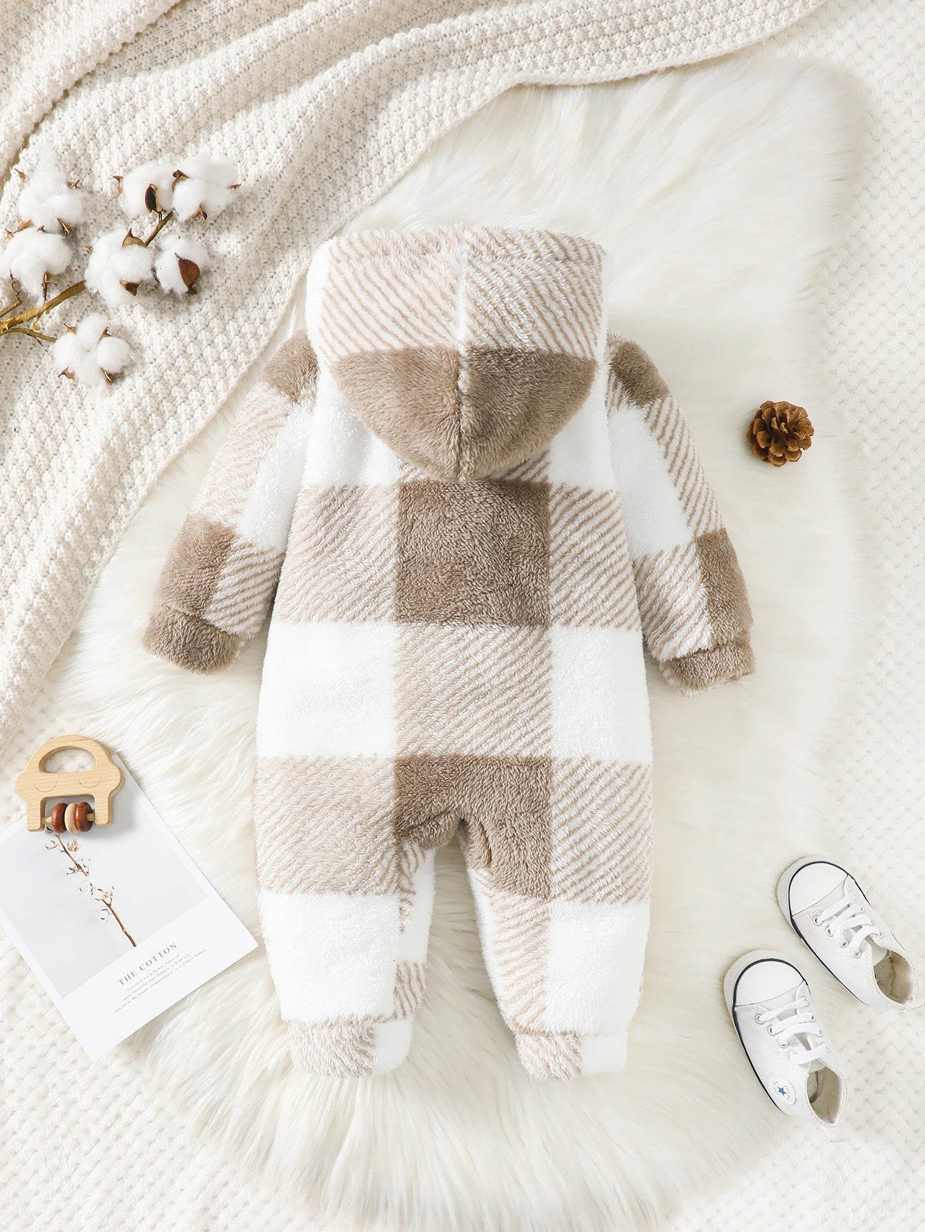 Plush Checkered Hooded Baby Onesie with Front Pockets and Button Closure