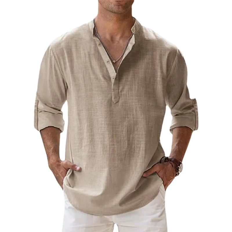 Men's Casual Long Sleeve Linen Blend Henley Shirt with Buttoned Placket and Roll-Up Sleeves, Ideal for Lightweight Summer and Beach Wear