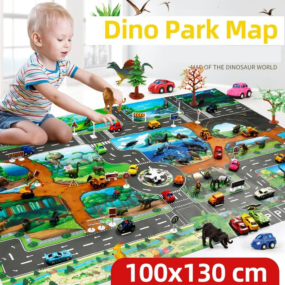 Interactive Dino Park Play Mat for Kids with Roads, Dinosaurs, and Vehicles - 100x130 cm