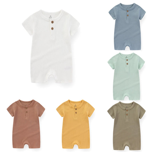 Unisex Baby Romper Set - Short Sleeve Ribbed Cotton Jumpsuits with Button Detail - Pack of 7