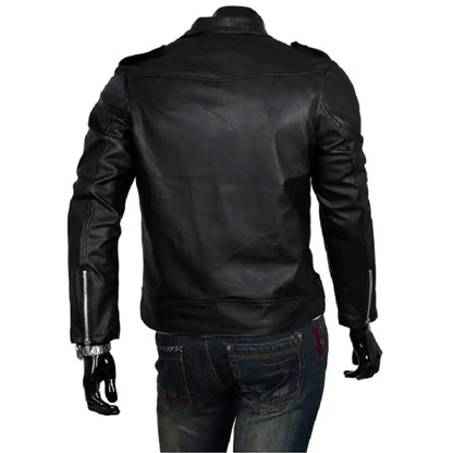 Men's Faux Leather Biker Jacket with Asymmetrical Zipper, Belted Waist, and Notched Lapel Collar