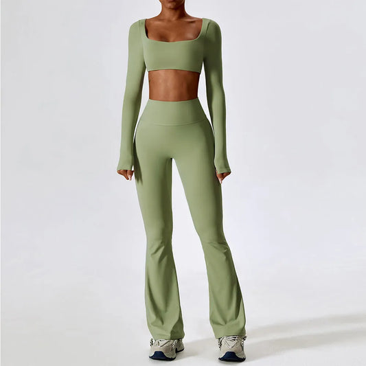 Women's Long-Sleeve Yoga Set with Square Neck Crop Top and High-Waisted Flared Leggings for Workout and Fitness