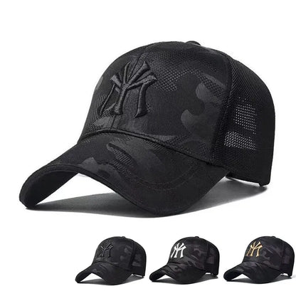 Camouflage Mesh Baseball Cap with Embroidered NY Logo and Adjustable Strap for Trendy and Breathable Casual Wear