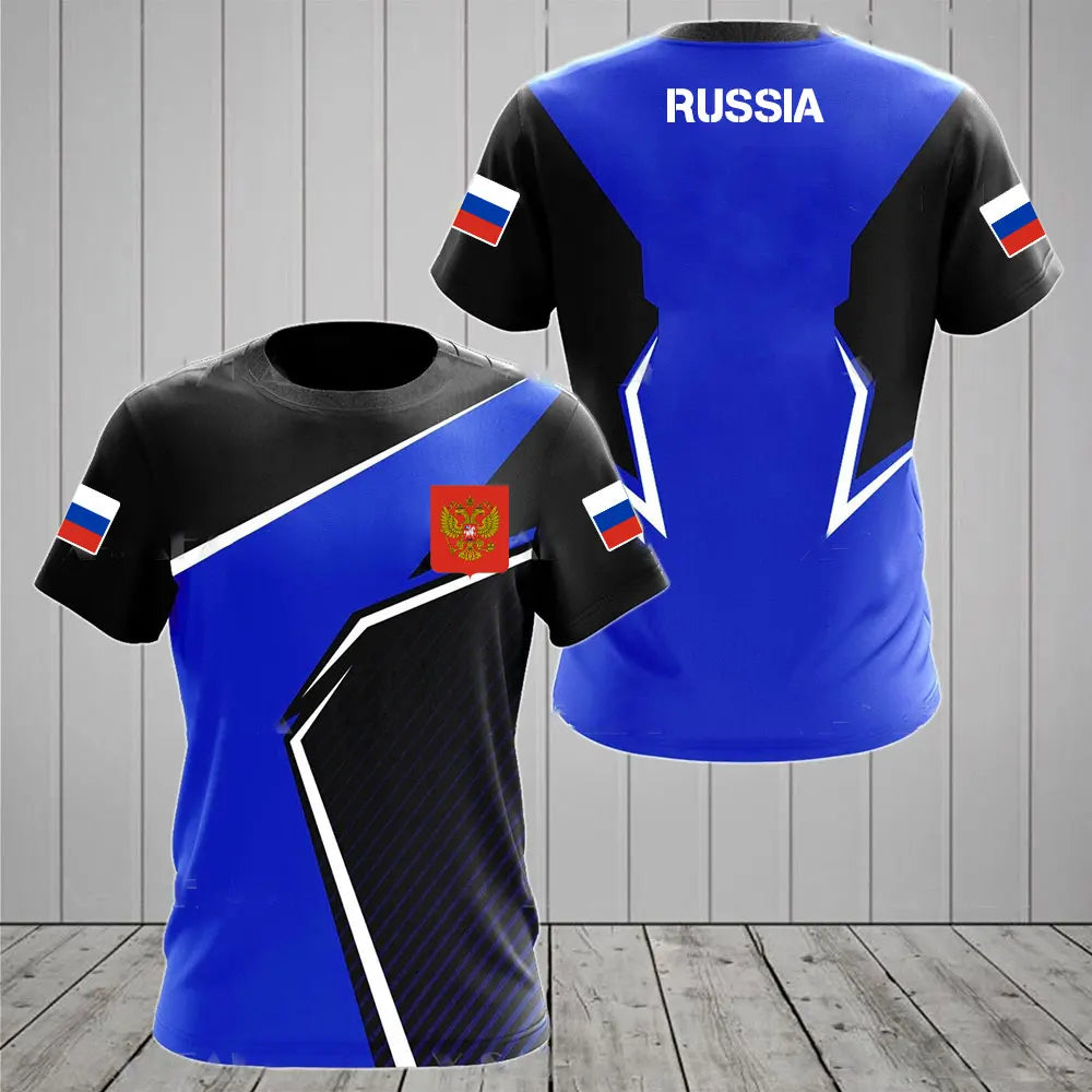 Men's Short Sleeve T-Shirt with Russian Coat of Arms and Flag Design, Customizable Name Option, and Military-Inspired Graphics