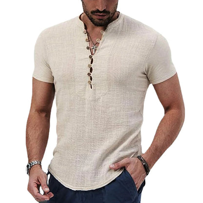 Men's Short-Sleeve Linen Henley Shirt with Buttoned V-Neck and Casual Fit