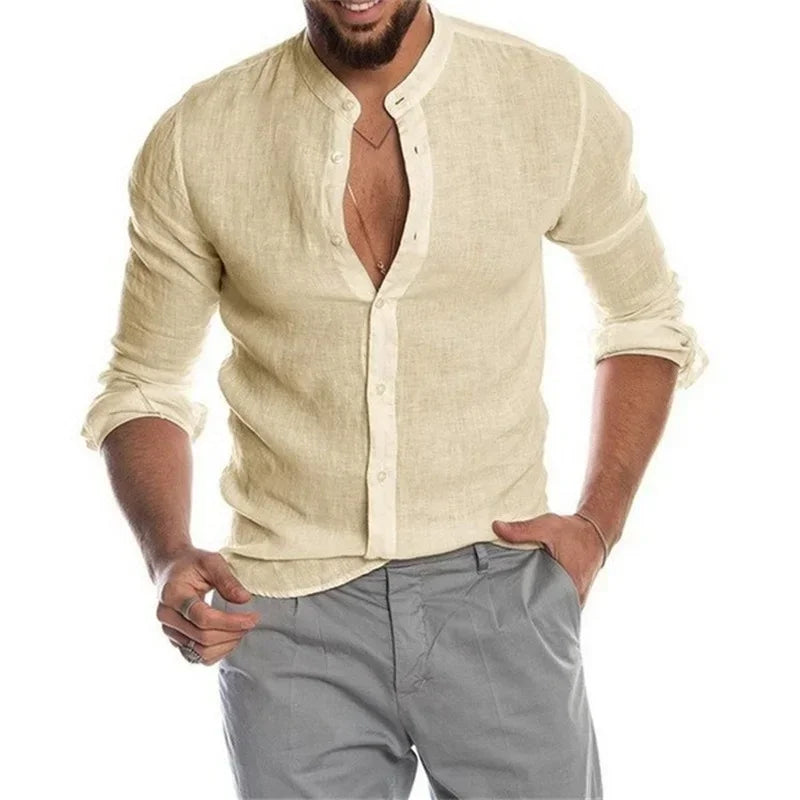 "Men's Long-Sleeve Linen Shirt with Stand Collar and Casual Button-Up Design"