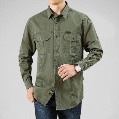 Men's Long-Sleeve Button-Up Shirt with Dual Chest Pockets and Classic Casual Design for Everyday Wear