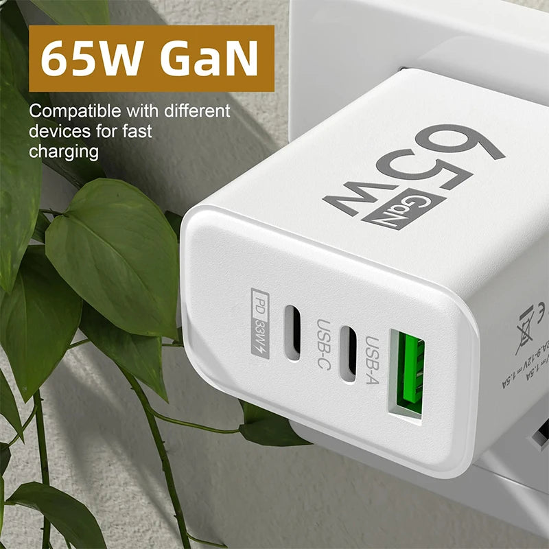 65W GaN Fast Charger with Dual USB-C and Single USB-A Ports, Compatible with Multiple Devices for High-Speed Charging.