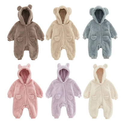 Adorable Baby Hooded Fleece Jumpsuit with Bear Ears - Ultra-Soft and Warm One-Piece Winter Outfit for Infants