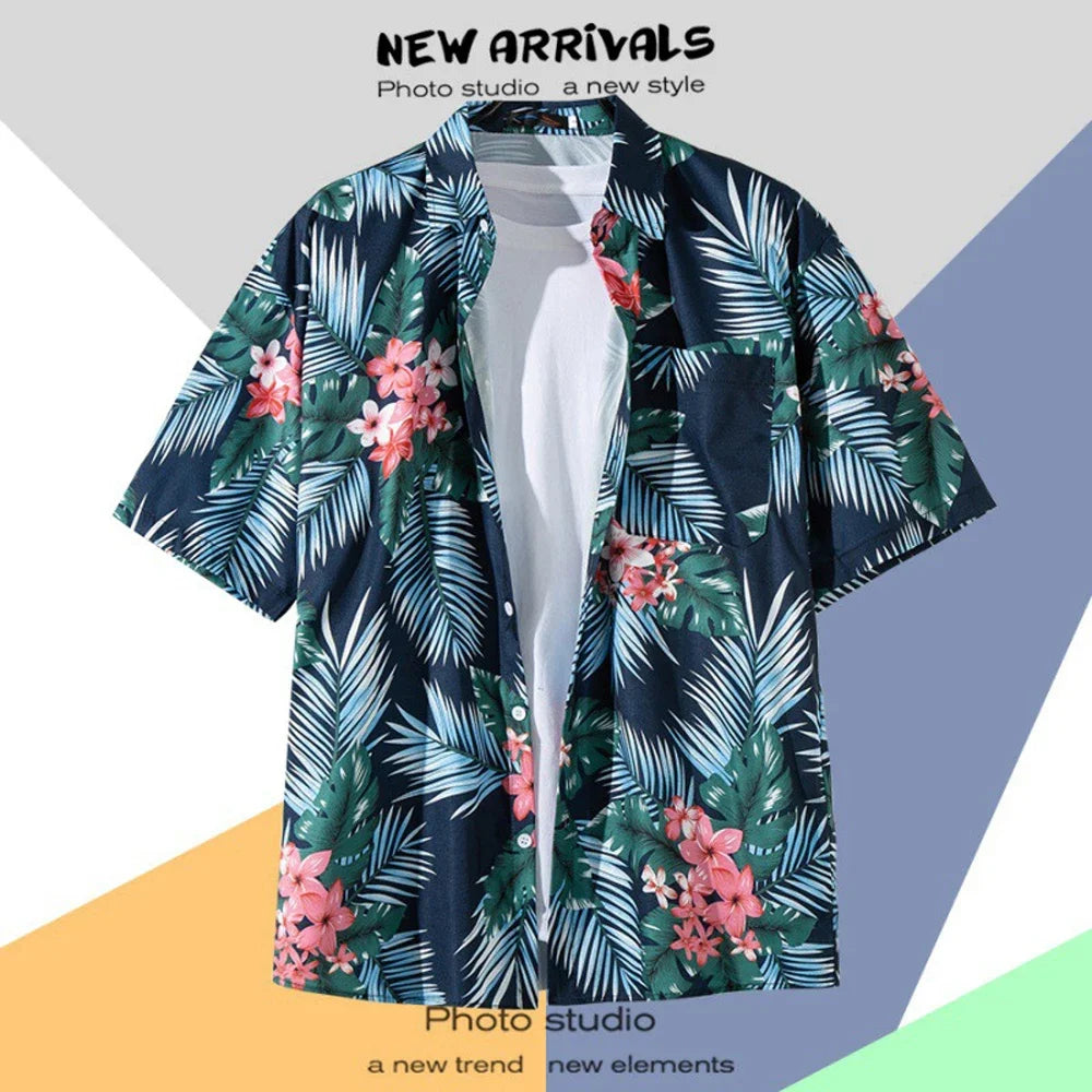 Men's Short-Sleeve Hawaiian Shirt Collection with Vibrant Floral and Tropical Prints, Ideal for Summer Casual Wear