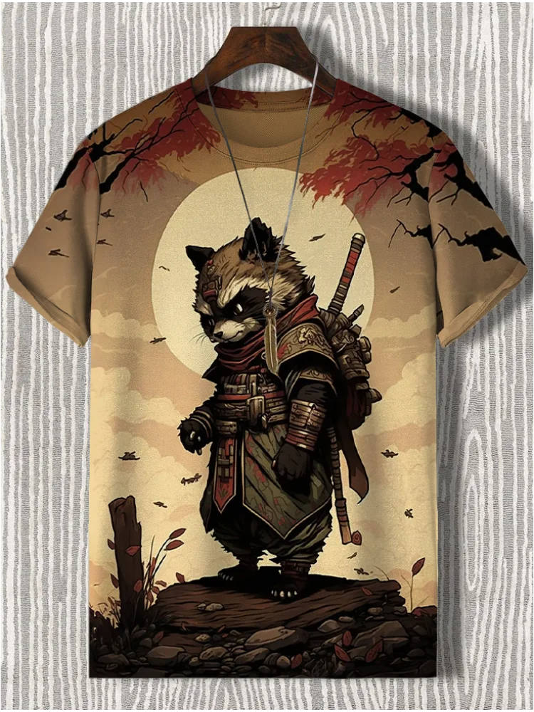 Men's Short Sleeve T-Shirt with Samurai Panda Graphic and Detailed Autumn Background Design