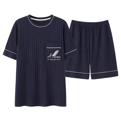 Men's Striped Short and Long Sleeve Pajama Set with Chest Pocket and Contrast Piping for Versatile Sleepwear Options