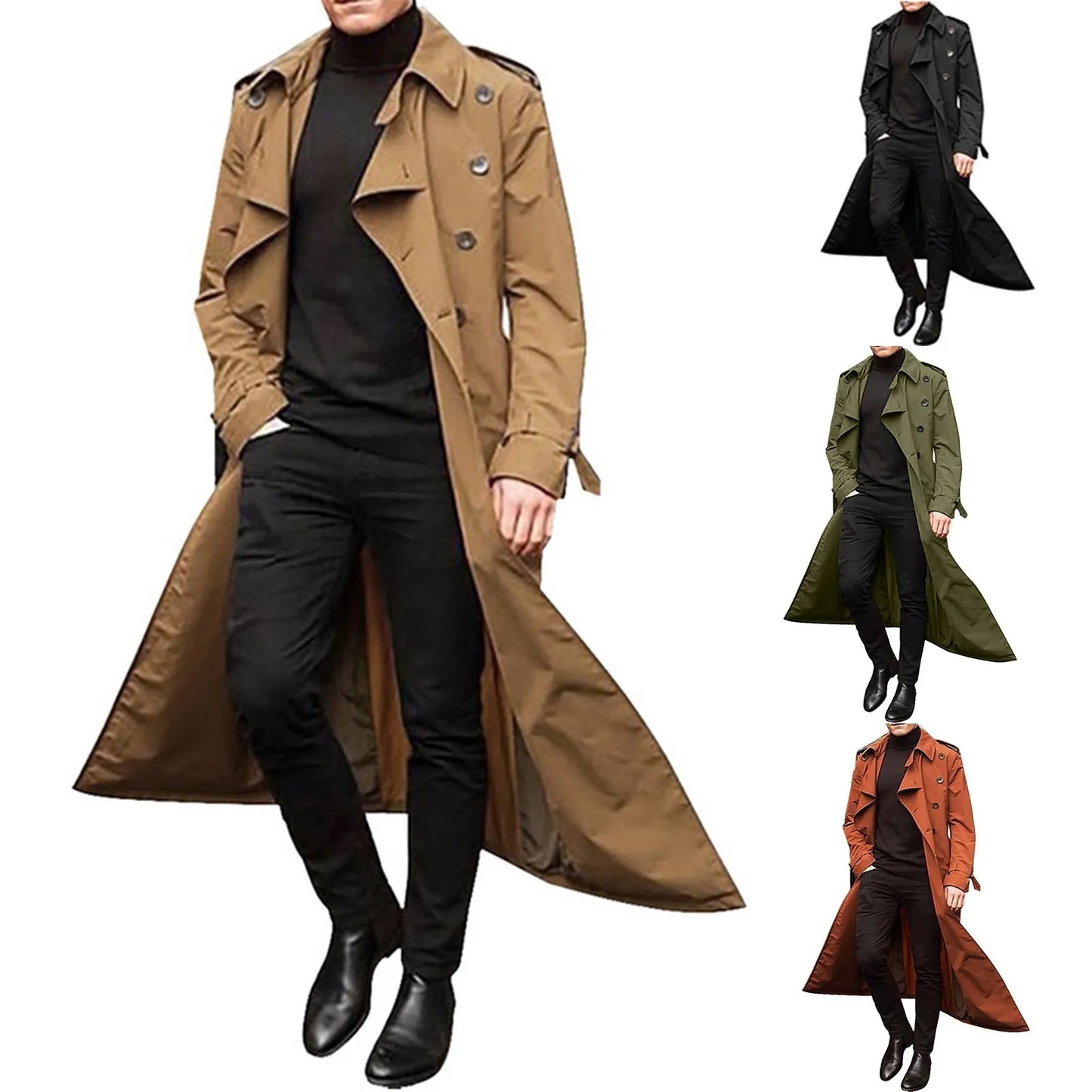 Men's Long Double-Breasted Trench Coat with Epaulets, Turn-Down Collar, and Belted Waist for a Classic and Sophisticated Look