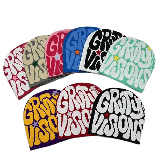 Retro-Inspired Knit Beanie with Bold Groovy Visions Text Design