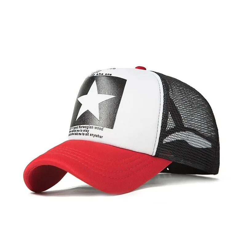 Star Patch Trucker Cap with Mesh Back and Adjustable Snapback Closure for Trendy Casual Wear