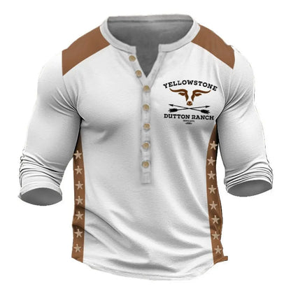 Men's Long Sleeve Button-Up Henley Shirt with Tribal Print and Yellowstone Dutton Ranch Logo