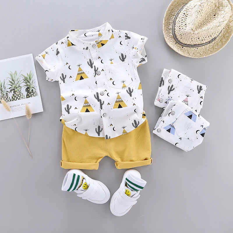 Summer Baby Boy Outfit - Short Sleeve Button-Up Shirt with Teepee Print and Matching Shorts - Includes Hat and Shoes