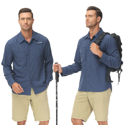 Men's Long-Sleeve Outdoor Shirt with Dual Chest Pockets and Sun Protection, Ideal for Fishing, Hiking, and Travel