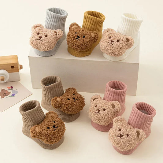 Adorable Baby Socks with 3D Teddy Bear Design, Soft and Warm, Perfect for Newborns and Infants, Pack of Six Pairs