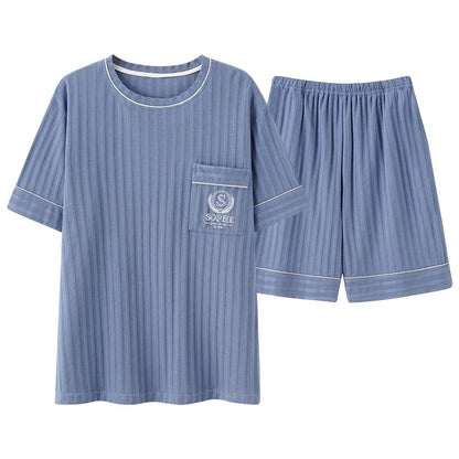 Men's Striped Short and Long Sleeve Pajama Set with Chest Pocket and Contrast Piping for Versatile Sleepwear Options