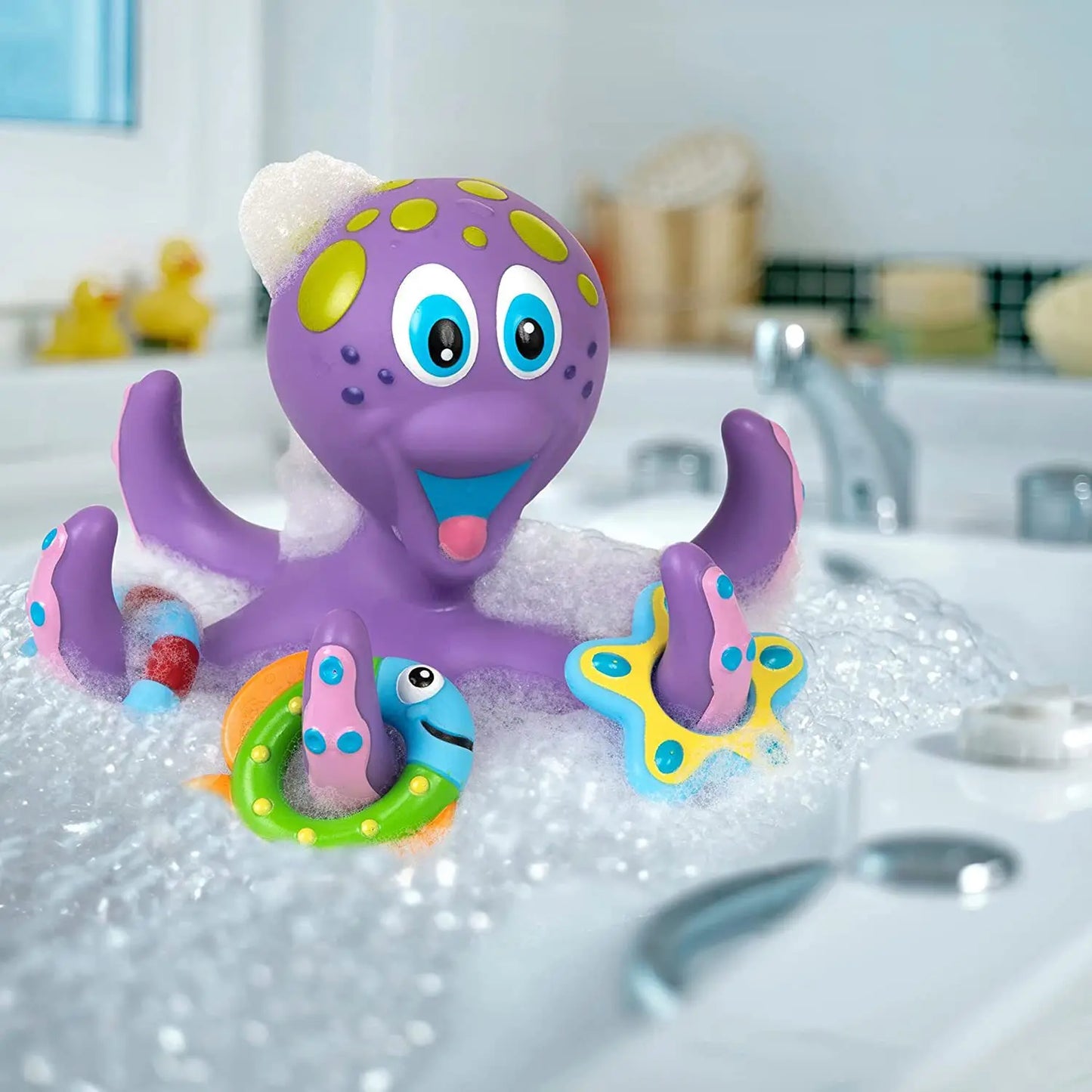 Octopus Bath Toy Set with Interactive Floating Rings, Fun Water Play for Toddlers, Educational and Entertaining Bathtime Activity, Ideal for Developing Motor Skills and Hand-Eye Coordination