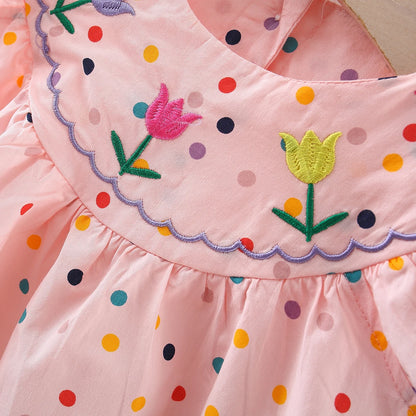 Flutter Sleeve Dress with Floral Embroidery and Polka Dot Pattern for Toddlers