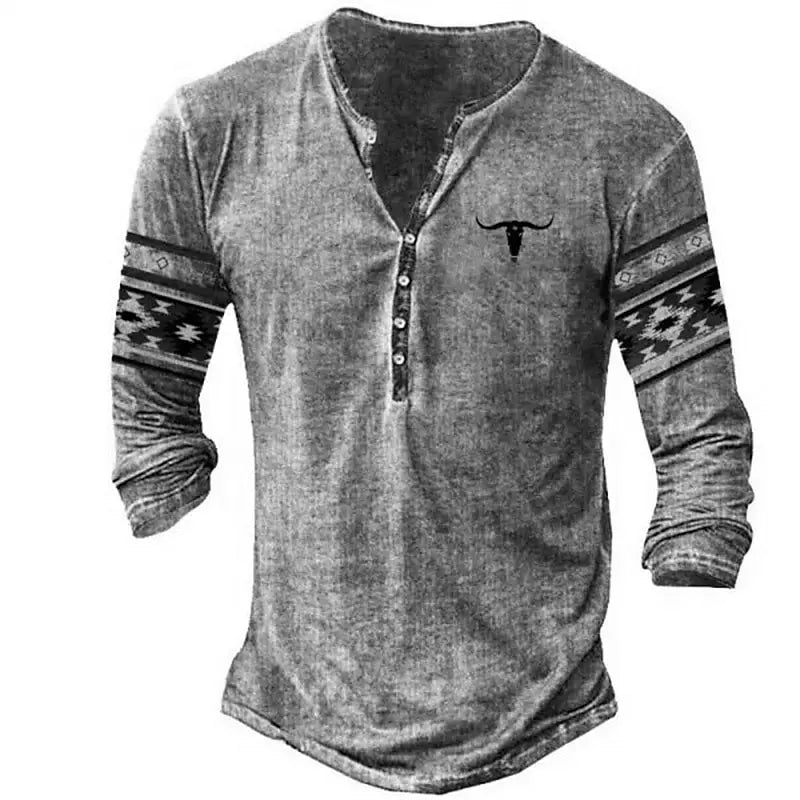 Men's Long Sleeve Button-Up Henley Shirt with Tribal Print and Yellowstone Dutton Ranch Logo