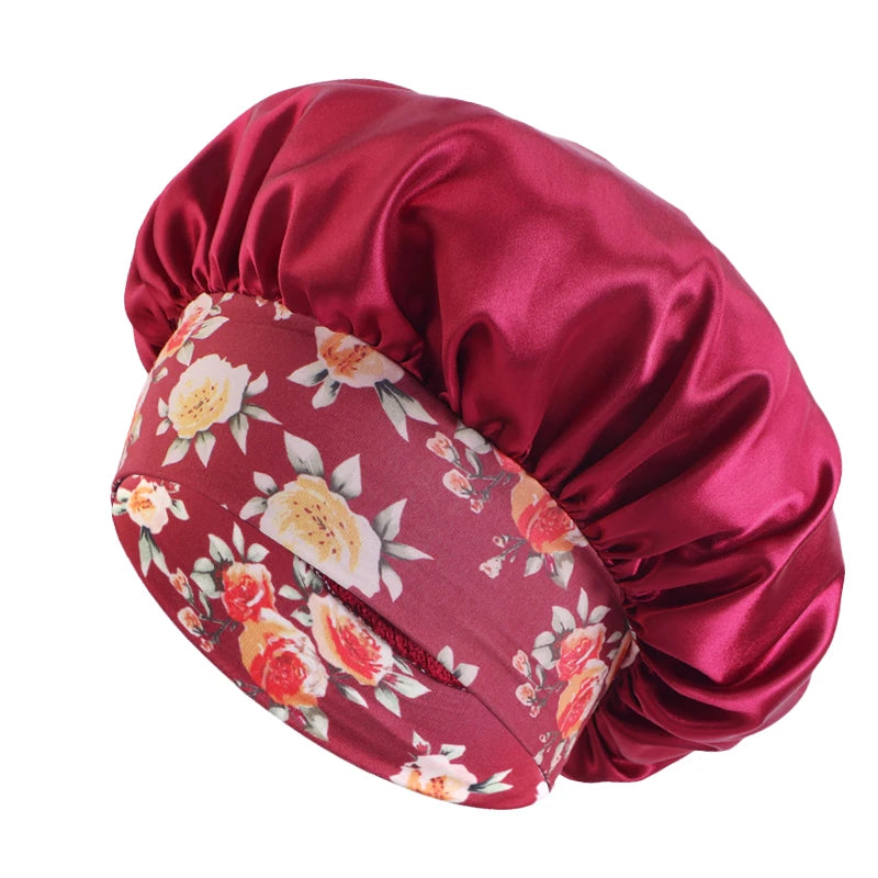 Silk Satin Sleep Bonnet with Wide Elastic Band and Floral Design for Hair Protection