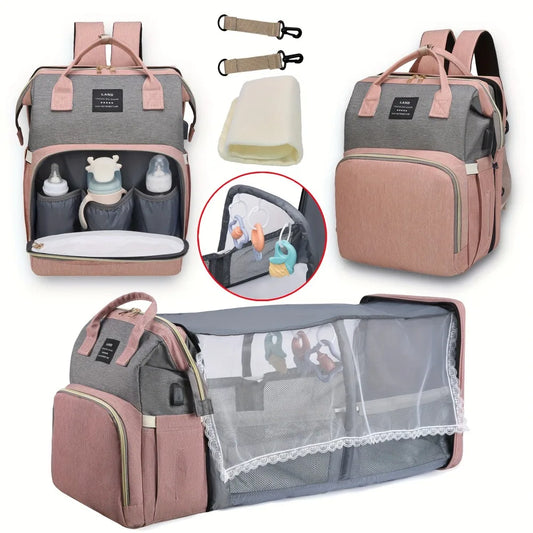 Multifunctional Diaper Bag Backpack with Foldable Crib, Insulated Bottle Holders, and Stroller Straps for Convenient Baby Care and Travel