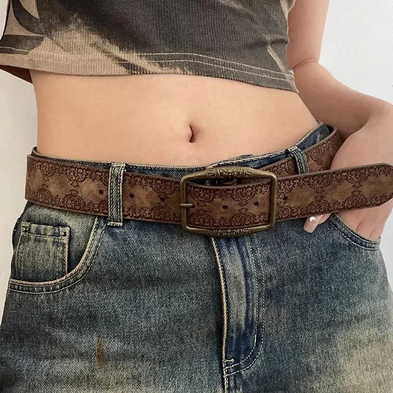 Vintage Western Style Leather Belt with Engraved Buckle and Floral Embossed Design for Women