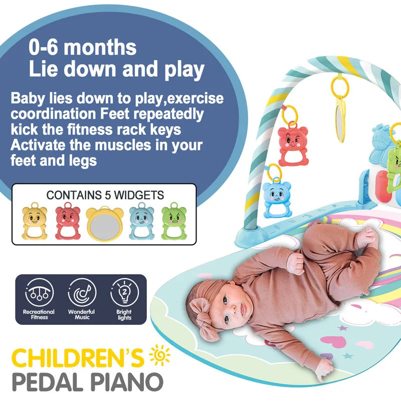 Baby Activity Play Mat with Piano Keyboard, Hanging Toys, and Soft Cushioned Surface for Tummy Time and Sensory Development