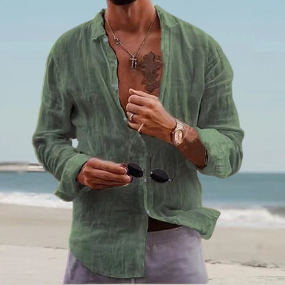 Men's Long-Sleeve Linen Beach Shirt with Button-Down Front and Relaxed Fit