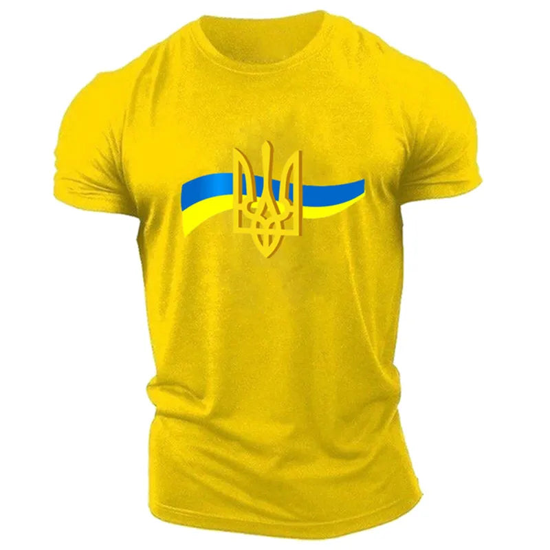 Men's Short Sleeve T-Shirt with Ukrainian Emblem and Flag Design, Featuring Military-Inspired Aesthetics and Patriotic Details