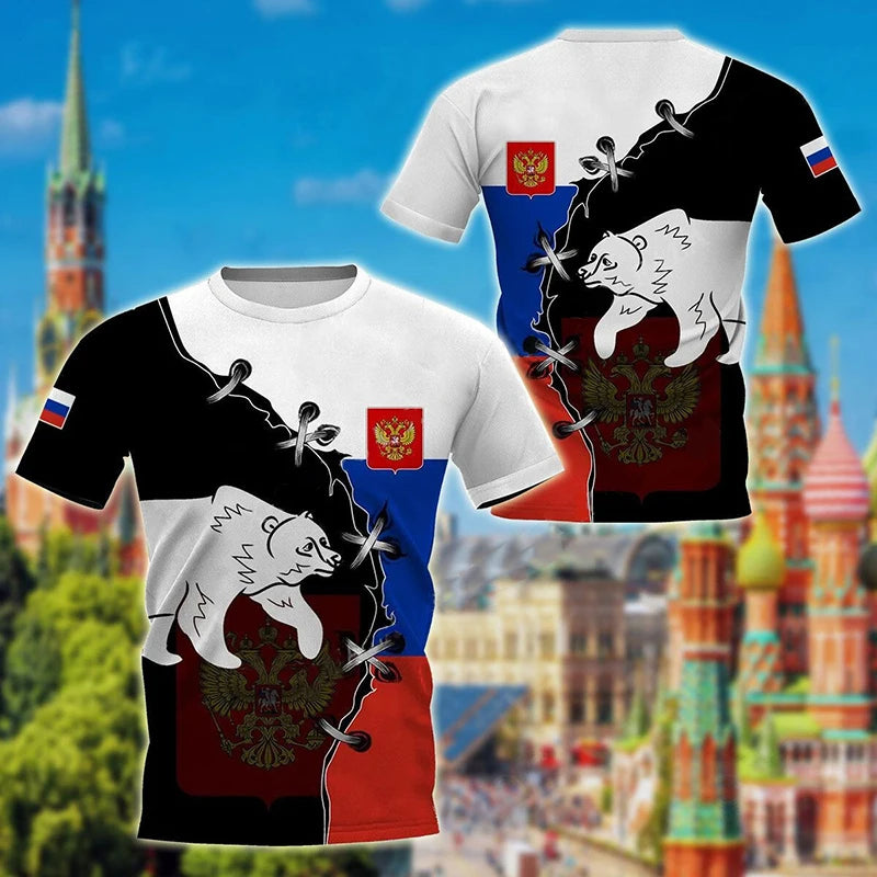 Men's Short Sleeve T-Shirt with Russian Coat of Arms and Flag Design, Customizable Name Option, and Military-Inspired Graphics